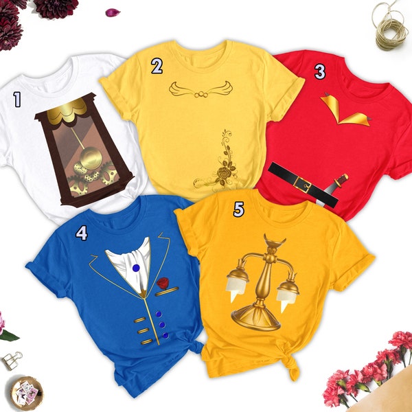 Beaty y la bestia camisas familiares a juego, camisa de disfraz de cosplay de Halloween, camisa de reloj y lámpara de Belle Beast Gaston, camiseta del grupo de cumpleaños