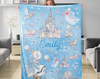 Personalized Cinderella Watercolor Blanket, Custom DN Princess Fairytale Blanket, Cinderella Castle Coquette Bow Gift For Kid Daughter