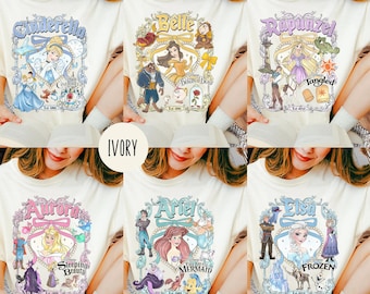 Retro Disney Princess Shirt, Coquette Bow Disney Cinderella Belle Aurora Ariel Princess Group Shirt, Personalized Disney Girl Trip Tee