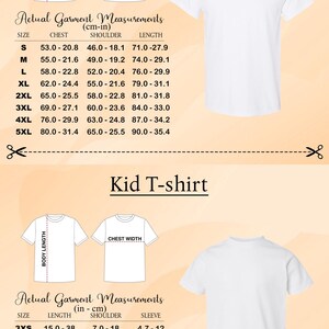 a collection of adult t-shirt designs, including sizes and chest measurements, as well as a kid t-shirt design. The adult t-shirt designs are labeled with their respective sizes and chest measurements, while the kid t-shirt design is shown without any visible size information. The image is a collage of multiple images, and the text is described in a concise and clear manner, avoiding redundancy and focusing on the main visual content.