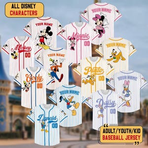 Personalize Disney Mickey & Friends Cute Striped White, Custom Disneyland Jersey, Baseball Team, Mickey Mouse Birthday, Gift for Disney Fans