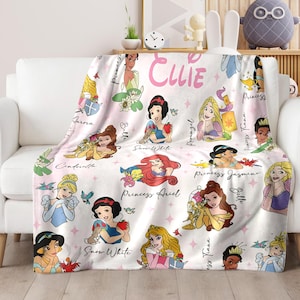 Custom Name Princess Blanket, Princess Blanket Gift for Her, Cinderella Snow White Belle Jasmine Ariel Princess Blanket, Princess Birthday