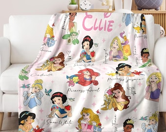 Custom Name Princess Blanket, Princess Blanket Gift for Her, Cinderella Snow White Belle Jasmine Ariel Princess Blanket, Princess Birthday