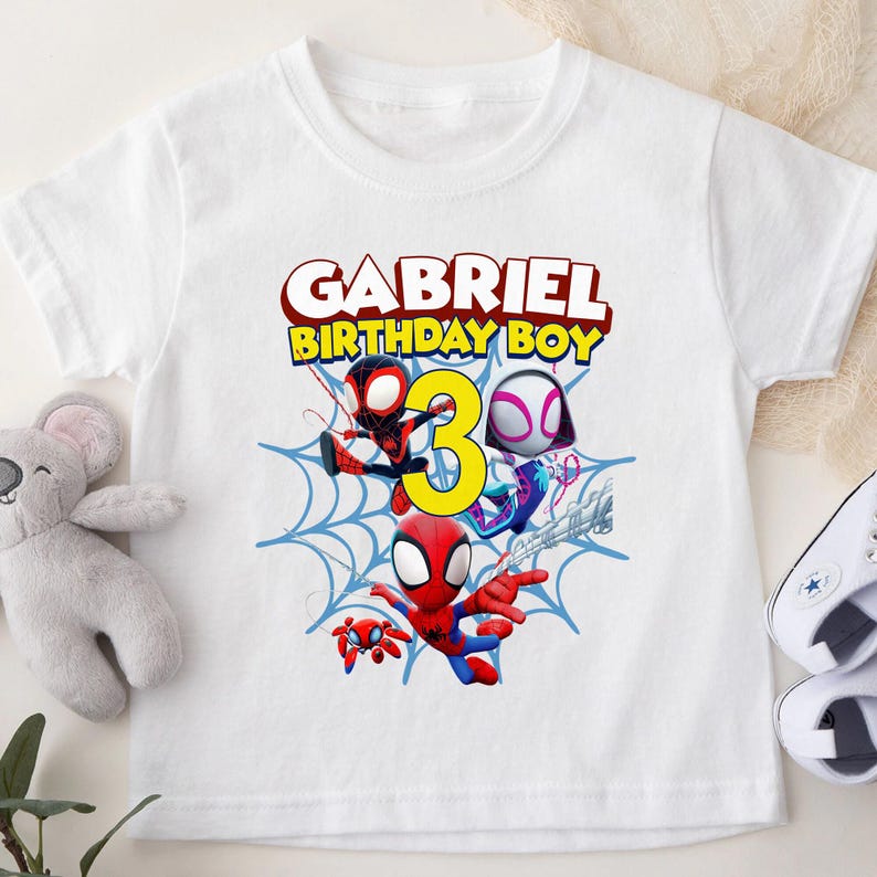 Camiseta de cumpleaños familiar personalizada de Spidey y sus increíbles amigos, camiseta a juego de Spider, regalo de Spidey para niños, camisetas de fiesta familiar de superhéroes imagen 3