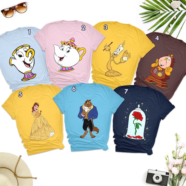 Camiseta personalizada a juego de la familia La Bella y La Bestia, camisas a juego animadas de la princesa Bella Gaston Cogsworth LeFou Sra. Potts Lumiere