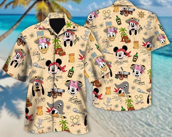 Disney Pirate Mickey & Friends Signature Hawaiian Shirt, Minnie Goofy Donald Daisy Pluto Hawaii Shirt, Pirate Disney Cruise Trip Button Tee