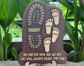 No Matter How Big We Get Sign, Personalized Family Footprints 2-Layered Wooden Frame, Father's Day Gift, Gift For Dad Grandpa From Kid