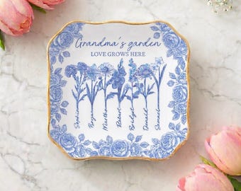 Custom Grandma Garden Ring Dish, Mom Dish Gift, Toile De Jouy Birth Month Flowes Dish for Nana Gigi, Mothers Day Gift, Birthday Gift For Her