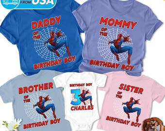 Personalized Superhero Family Birthday T-Shirt, Custom Name Age Kids Youth Shirt, Power Spider Hero Shirt, Hero Multiverse Themed Shirt