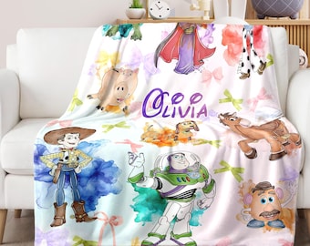 Personalized Coquette Bows DN Toy Story Watercolor Blanket, DN Land Toy Story Birthday Blanket Gift, Buzz Lightyear Rex Blanket