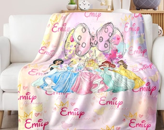 Personalized DN Princess Watercolor  Blanket, Custom Name Aurora Belle Ariel Cinderella Baby Girl Blanket, DN Princess Birthday Gift
