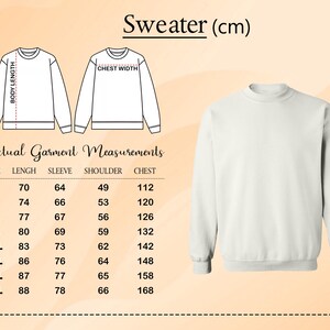 a sweater (cm) size chart with actual garment measurements, including size, length, sleeve, shoulder, and chest measurements.