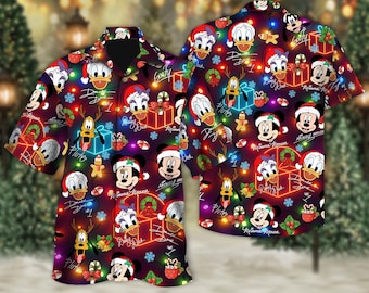 Neon Mickey And Friends Signature Christmas Hawaiian Shirt, Mickey's Very Merry Christmas Party Button Shirt, Mickey Candy Xmas Holiday Tee