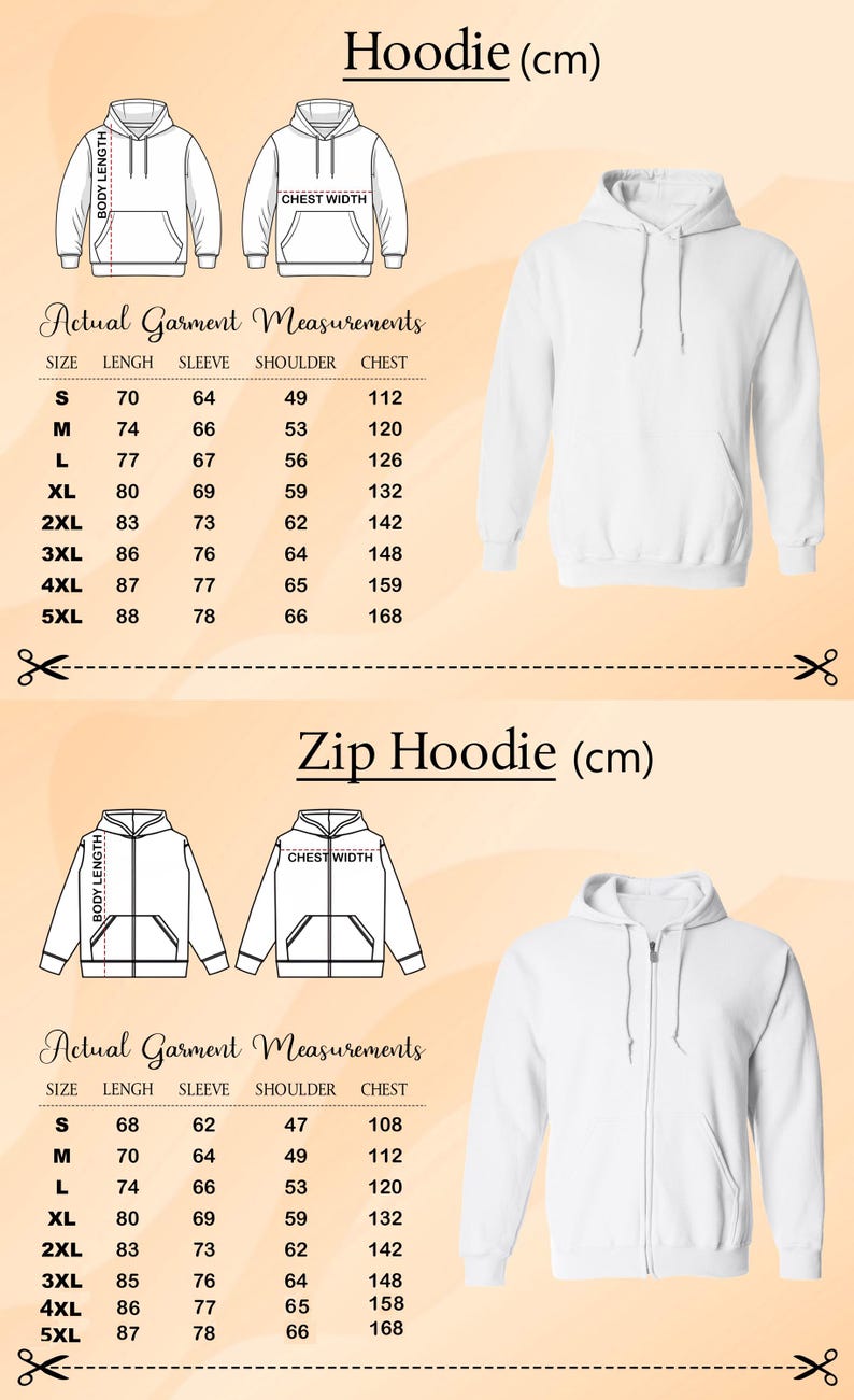two different measurements for a zip-up hoodie, one in actual garment measurements and the other in zip-up measurements (cm).