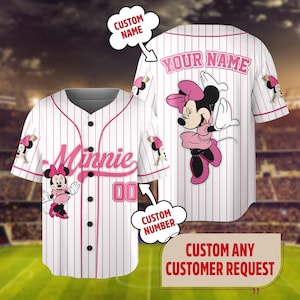 Custom Minnie Pink Bow Baseball Jersey, Mickey and Friends Baseball Shirt Sports, Birthday Gift, Magic Kingdom Family Summer Trip Matching