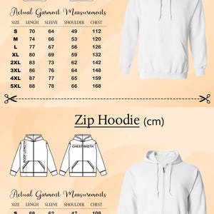 two different measurements for a zip-up hoodie, one in actual garment measurements and the other in zip-up measurements (cm).
