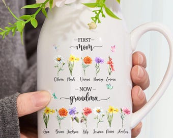 Personalized Birth Month Flower Bloom Vase, Custom Mother's Day Ceramic Flower Vase, Mothers Day Vase, Grandma Birth Month Garden Vase