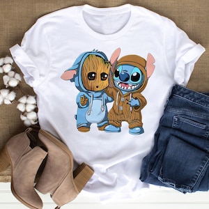 Disney T-shirt amis Stitch and Groot, chemise Stitch Movie, jolie chemise Stitch And Groot, cadeaux pour des amis, chemise de fête d'anniversaire