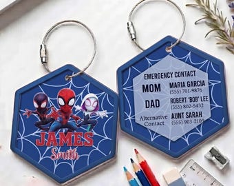 Personalized Spidey And His Amazing Friends Daycare Bag Tag Blue, 2 Layer Acrylic Name Tag For Boy, Peter Parker Tag, Birthday Gift For Kid