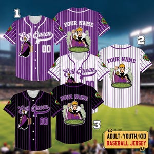 May include: Baseball jerseys featuring the Evil Queen cartoon character. The jerseys are available in purple, black, and white with vertical stripes. Some jerseys have the text "Evil Queen" and the number "00". Other jerseys have the text "YOUR NAME".