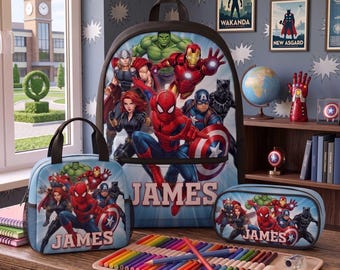 Custom Marvel Superhero School Bag Set, Back To School Backpack, Spiderman Lunch Box, Iron Man Pencil Case, Captain America Gift for Boys