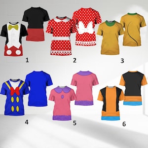 May include: A selection of six short-sleeved t-shirts with cartoon character designs. The shirts display a variety of colours, including black, red, blue, yellow, and pink. Some shirts feature polka dots, bow ties, and other character-specific details.