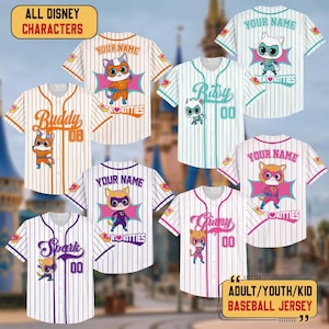 Custom Disney SuperKitties Baseball Jersey, Junior Super Kitties Ginny Sparks Buddy Bitsy Birthday Gift, Disneyland SuperKitties Trip Jersey