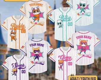 Custom DN SuperKitties Baseball Jersey, Junior Super Kitties Ginny Sparks Buddy Bitsy Birthday Gift, DN Land SuperKitties Trip Jersey