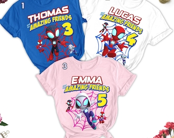 Camiseta de cumpleaños personalizada de Spidey, camiseta a juego para fiesta de cumpleaños de Spidey y sus increíbles amigos, camiseta de cumpleaños de Spider Hero para niños pequeños