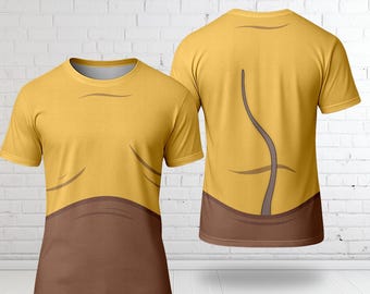 May include: Two short-sleeved t-shirts, one front and one back view, with a yellow upper section and a brown lower section. The front shirt has lines suggesting a torso, while the back shirt has a brown tail-like design.