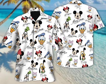 DN Mickey And Friends Signature Hawaiian Shirt, Colorful Mickey Mouse Donald Duck Goofy Hawaii Tee, DN Land Summer Trip Button Shirt
