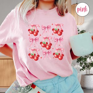 Coquette Bow Cherry Valentine Baby Comfort Colors Tee, Mickey Minnie Couple Sweethearts Shirt, Cherry Cute Bow Women T-shirt