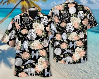 Disney Floral Star Wars Hawaiian Shirt, Stormtrooper R2D2 BB8 Spaceship Button Up, Disneyland Star Wars Summer Beach Shirt, Aloha Trip Shirt