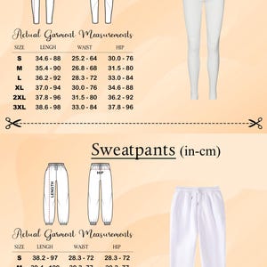 a collection of images depicting leggings and sweatpants, along with their actual garment measurements. The images show the actual measurements of the leggings and sweatpants, providing a visual representation of how they would fit.