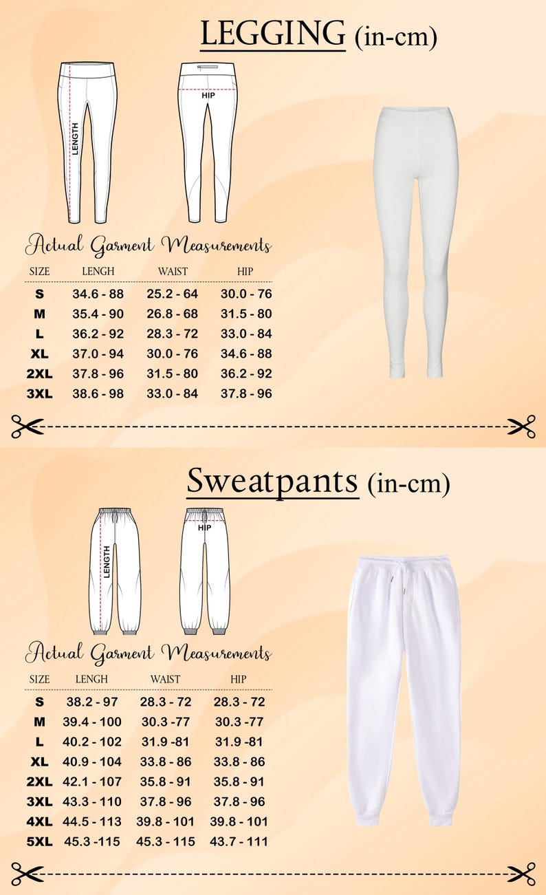 a collection of images depicting leggings and sweatpants, along with their actual garment measurements. The images show the actual measurements of the leggings and sweatpants, providing a visual representation of how they would fit.