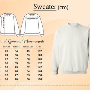 a sweater (cm) size chart with actual garment measurements, including size, length, sleeve, shoulder, and chest measurements.