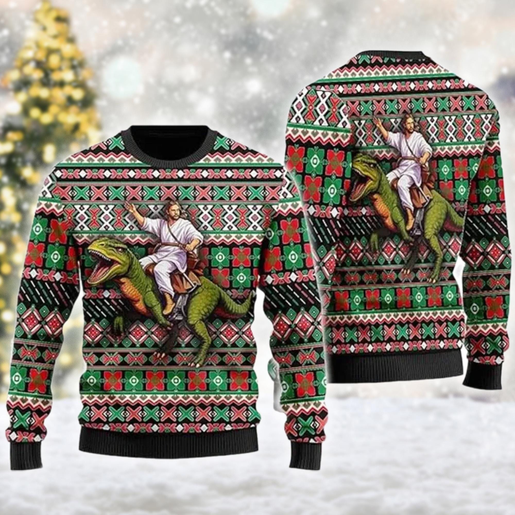 Pull De Noël Ugly Dinosaure T-Rex - Motif 3D Humoristique Avec Bonnet Et Lasers - Sweat-Shirt Chaud Pour Fêtes Et Réunions - 4