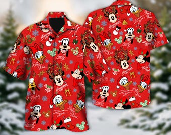 Red Mickey Mouse And Friends Signature Christmas Hawaiian Shirt, Mickey's Very Merry Christmas Party Button Shirt, Mickey Candy Xmas Holiday