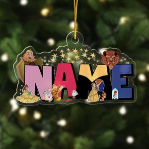 Custom Name Beauty And The Beast Christmas Ornament, Personalized Belle Princess Family Xmas Tree Decor, Princess Keepsake Birthday Kid Gift