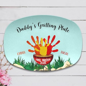 Personalized Handprint Daddy's Grilling Plate, Custom Father's Day BBQ Platter, Handprint Plate For Daddy From Son Daugter, Gift For Dad