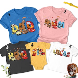 Camiseta personalizada con personajes de coches y alfabeto para viajes familiares, camiseta personalizada con nombre de equipo de carreras, temática animada para fiestas RE imagen 2