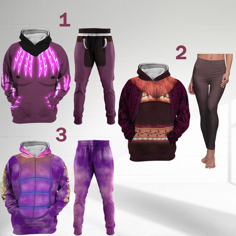 Op de afbeelding: Een collectie kledingstukken, waaronder hoodies en leggings. De hoodies hebben unieke ontwerpen met levendige kleuren en patronen, terwijl de leggings een textuur hebben. De items worden gepresenteerd tegen een witte achtergrond.
