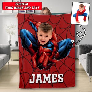 Personalized Photo Spiderman Blanket , Spider Hero Quilt Gift For Kids, Spider Birthday Theme Party, Superhero Christmas Gift For Family