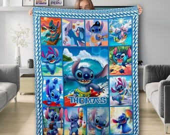 Personalize Stitch Beach Blanket, Stitch Baby Blanket, Birthday Gift, Lilo And Stitch Baby Blanket, Cute Stitch Custom Name Kids Gifts