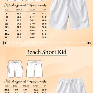 The image is a collage of two images, each depicting a pair of white shorts with actual garment measurements and a description of the shorts.