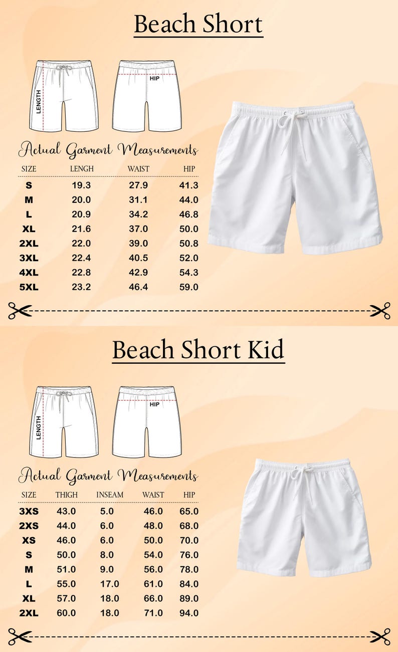The image is a collage of two images, each depicting a pair of white shorts with actual garment measurements and a description of the shorts.