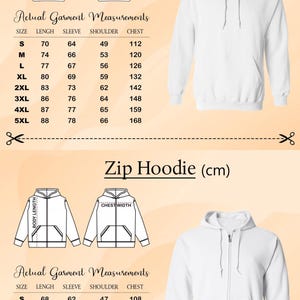 two different measurements for a zip-up hoodie, one in actual garment measurements and the other in zip-up measurements (cm).