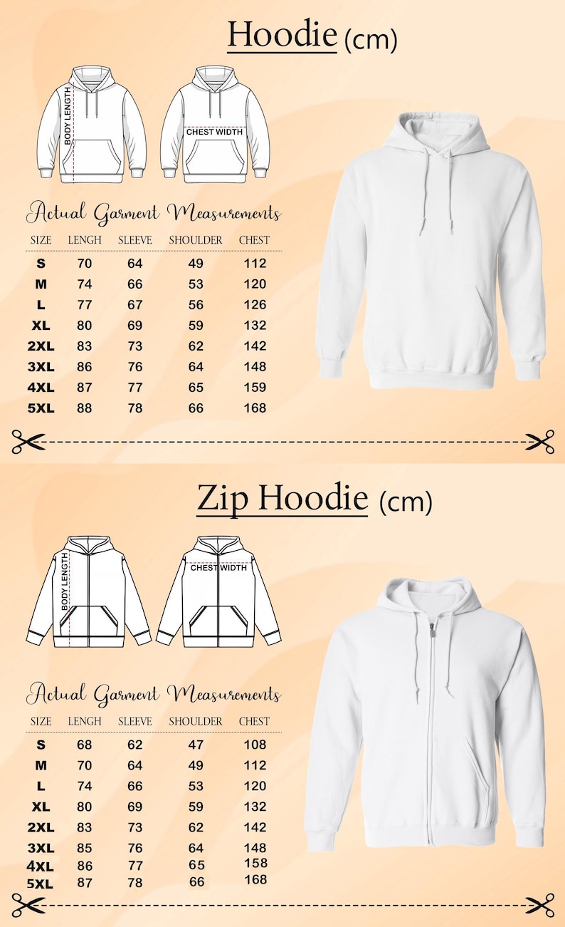 two different measurements for a zip-up hoodie, one in actual garment measurements and the other in zip-up measurements (cm).