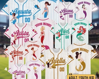 Personalized DN The Little Mermaid Characters Baseball Jerseys Team, Ariel Princess Baseball Jersey, Attina Adella Aquata Matching Shirt