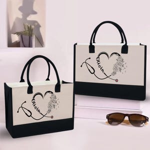 Personalized Nurse Stethoscope Floral Heart Cotton Canvas Tote Bag, Custom Gift For Nursing Life Tote, Future RN Nurse Gift Canvas Tote Bag
